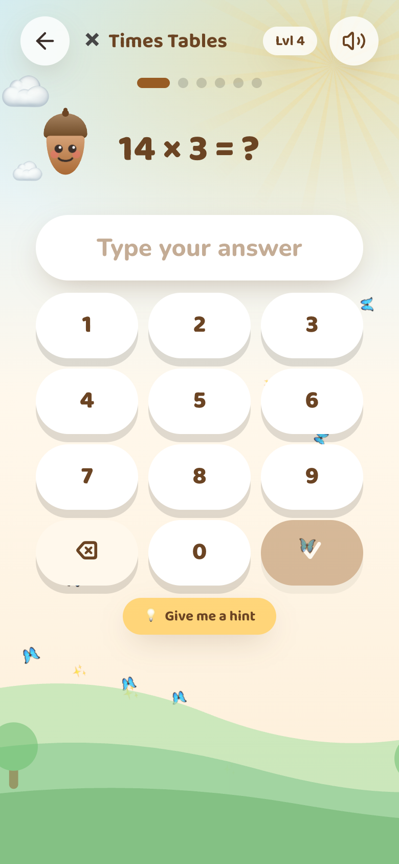 An AcornSmarts multiplication question with the friendly acorn guide and a number pad