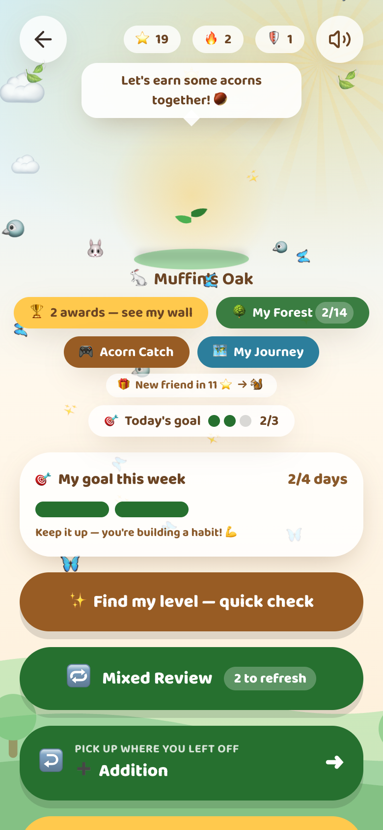 AcornSmarts student home — a growing oak, acorns, a weekly goal, and forest friends